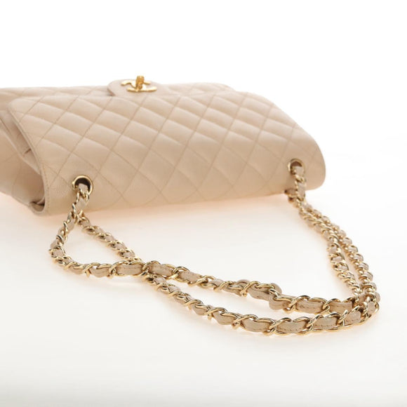 CHANEL Matelasse 30 Double Flap Chain Bag Caviar Skin Beige CC Auth am13251SM