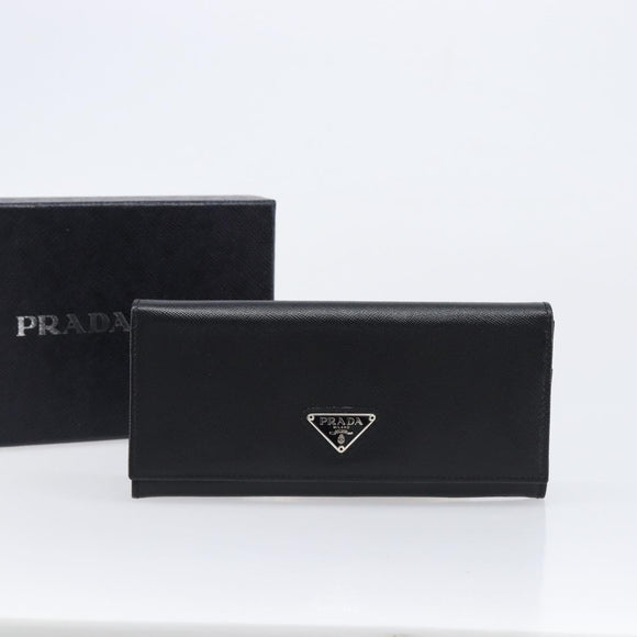 PRADA Long Wallet Saffiano leather Black Silver 1M1132 Auth am13290V