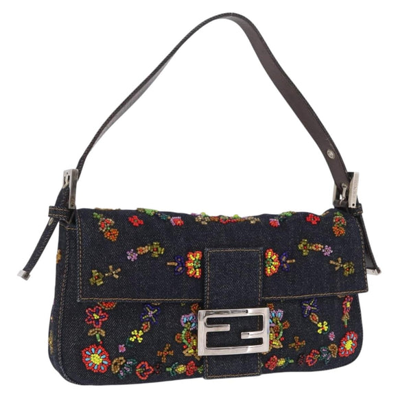 FENDI Denim Beads Mamma Baguette Shoulder Bag Navy Silver Auth am13296SAM