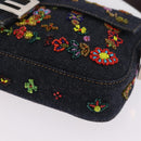 FENDI Denim Beads Mamma Baguette Shoulder Bag Navy Silver Auth am13296SAM-13