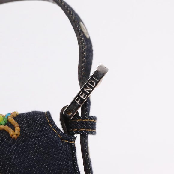 FENDI Denim Beads Mamma Baguette Shoulder Bag Navy Silver Auth am13296SAM