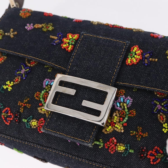 FENDI Denim Beads Mamma Baguette Shoulder Bag Navy Silver Auth am13296SAM