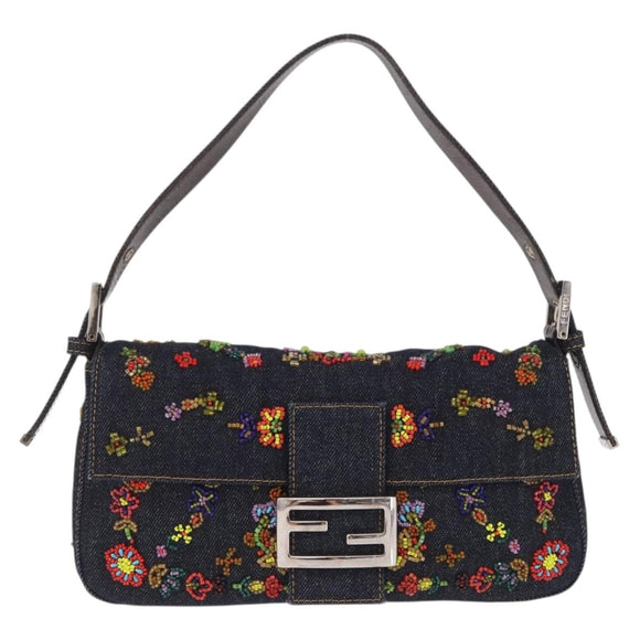 FENDI Denim Beads Mamma Baguette Shoulder Bag Navy Silver Auth am13296SAM