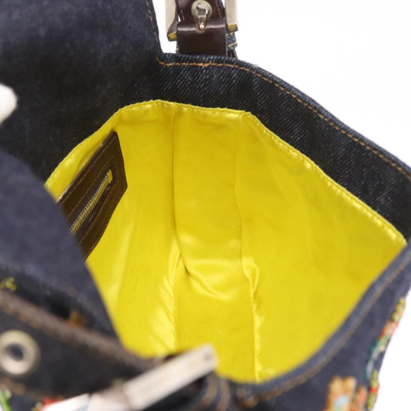FENDI Denim Beads Mamma Baguette Shoulder Bag Navy Silver Auth am13296SAM