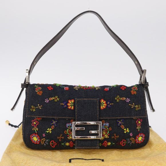 FENDI Denim Beads Mamma Baguette Shoulder Bag Navy Silver Auth am13296SAM