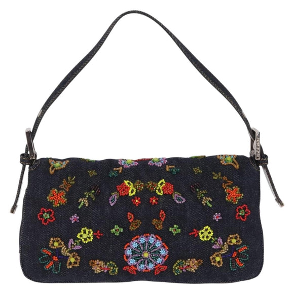 FENDI Denim Beads Mamma Baguette Shoulder Bag Navy Silver Auth am13296SAM