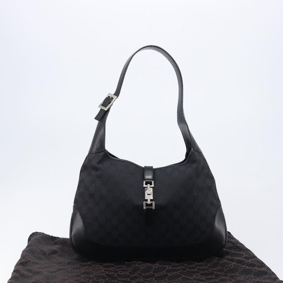 GUCCI GG Canvas Jackie Shoulder Bag Black Silver 001 3346 Auth am13297V