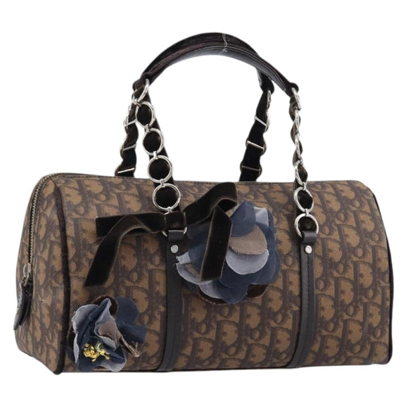 Christian Dior Trotter Canvas Romantic Hand Bag PVC Brown Silver Auth am13298V
