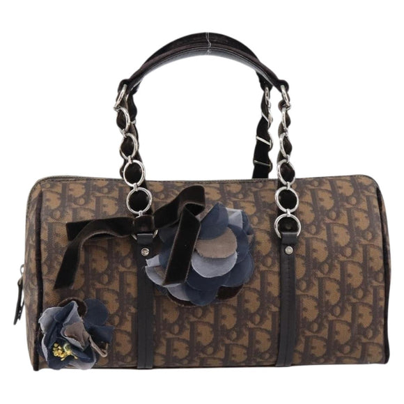 Christian Dior Trotter Canvas Romantic Hand Bag PVC Brown Silver Auth am13298V