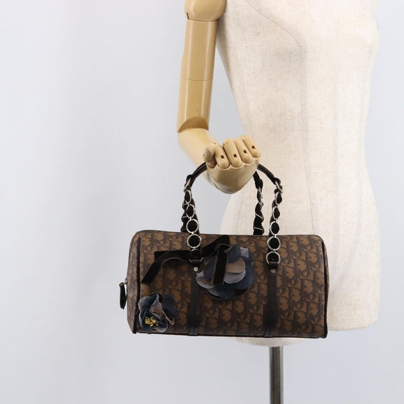 Christian Dior Trotter Canvas Romantic Hand Bag PVC Brown Silver Auth am13298V