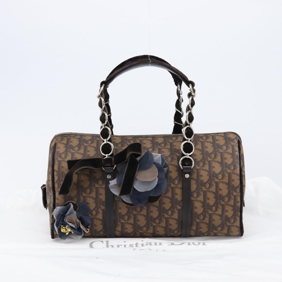 Christian Dior Trotter Canvas Romantic Hand Bag PVC Brown Silver Auth am13298V