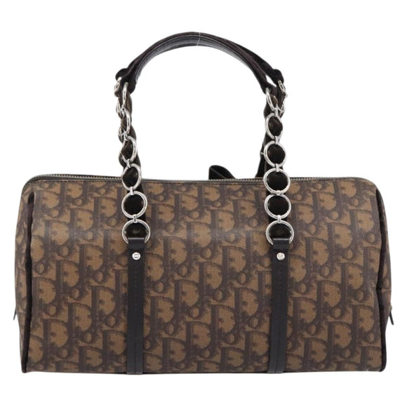 Christian Dior Trotter Canvas Romantic Hand Bag PVC Brown Silver Auth am13298V