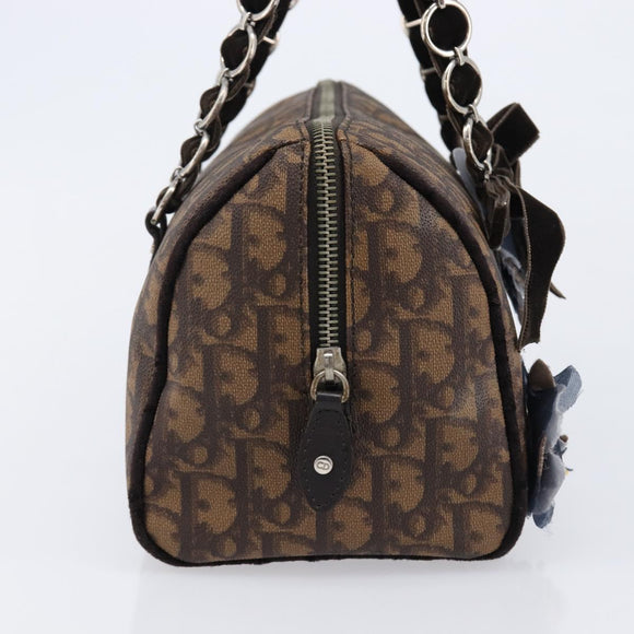 Christian Dior Trotter Canvas Romantic Hand Bag PVC Brown Silver Auth am13298V