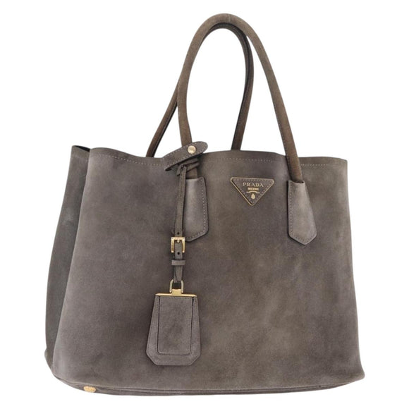 PRADA Tote Bag Suede Gray Gold Auth am13307A