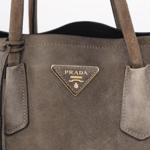 PRADA Tote Bag Suede Gray Gold Auth am13307A