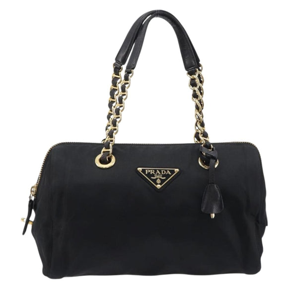 PRADA Chain Hand Bag Nylon Black Gold Auth am13324V