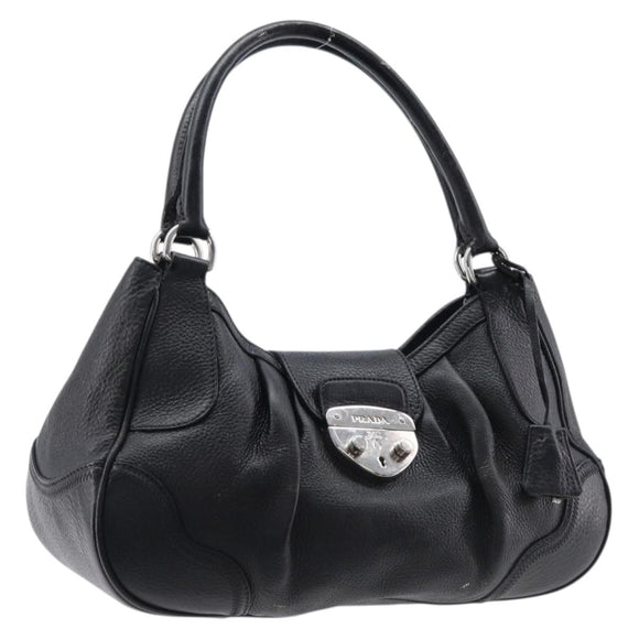 PRADA Ready Lock Hand Bag Leather Black Silver Auth am13334