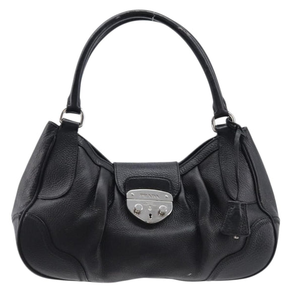 PRADA Ready Lock Hand Bag Leather Black Silver Auth am13334