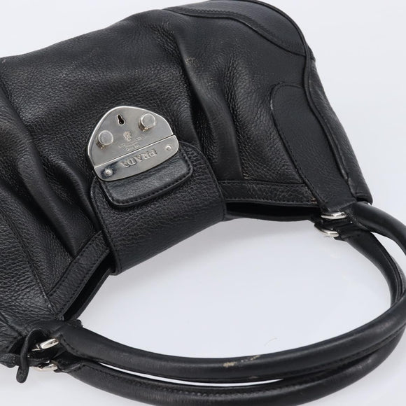 PRADA Ready Lock Hand Bag Leather Black Silver Auth am13334