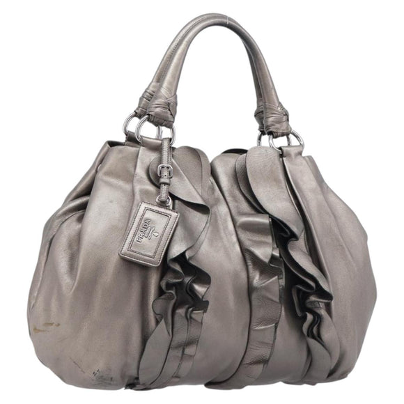 PRADA Frill Hand Bag Leather Gray Silver Auth am13348A