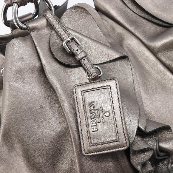 PRADA Frill Hand Bag Leather Gray Silver Auth am13348A