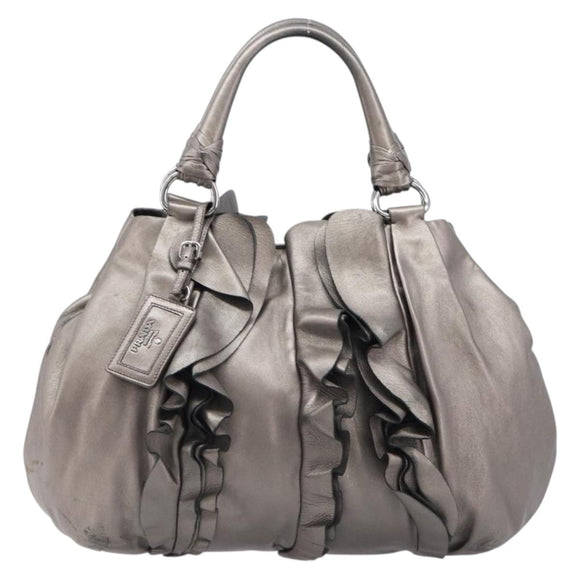 PRADA Frill Hand Bag Leather Gray Silver Auth am13348A