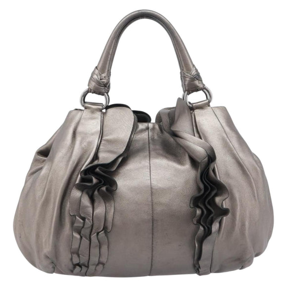 PRADA Frill Hand Bag Leather Gray Silver Auth am13348A