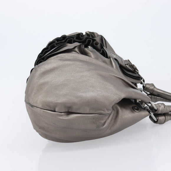 PRADA Frill Hand Bag Leather Gray Silver Auth am13348A