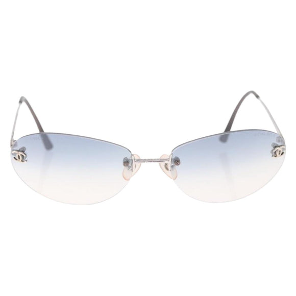 CHANEL CC Rimless Sunglasses Metal Blue Silver CC Auth am13369V