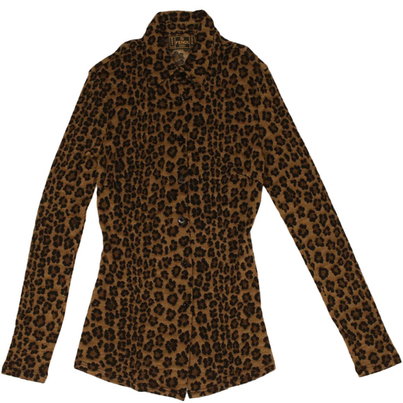 FENDI Leopard Long Sleeved Shirt Wool Brown Auth am3595
