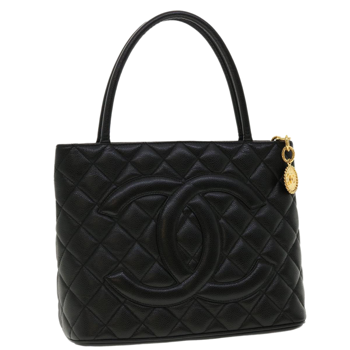 CHANEL Tote Bag Caviar Skin Black CC Auth am4270A