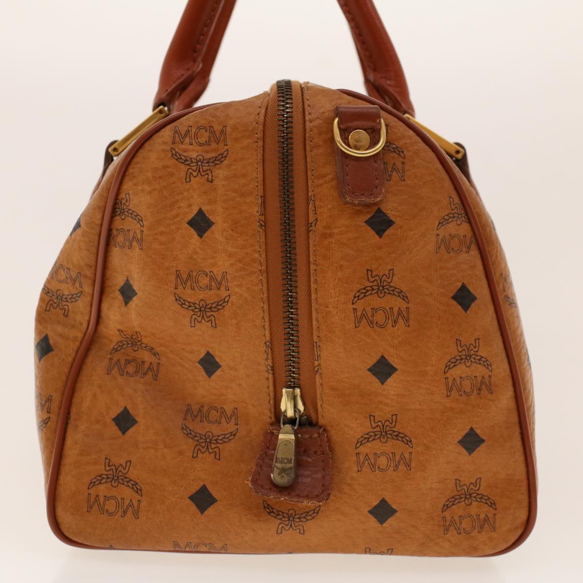 MCM Vicetos Logogram Boston Bag PVC Leather Brown Auth am4352