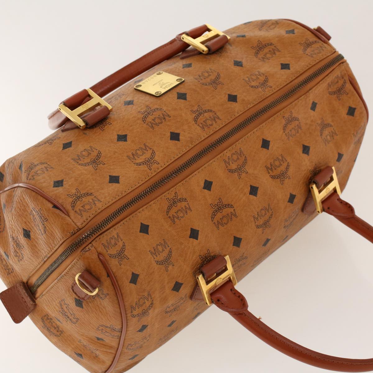 MCM Vicetos Logogram Boston Bag PVC Leather Brown Auth am4352