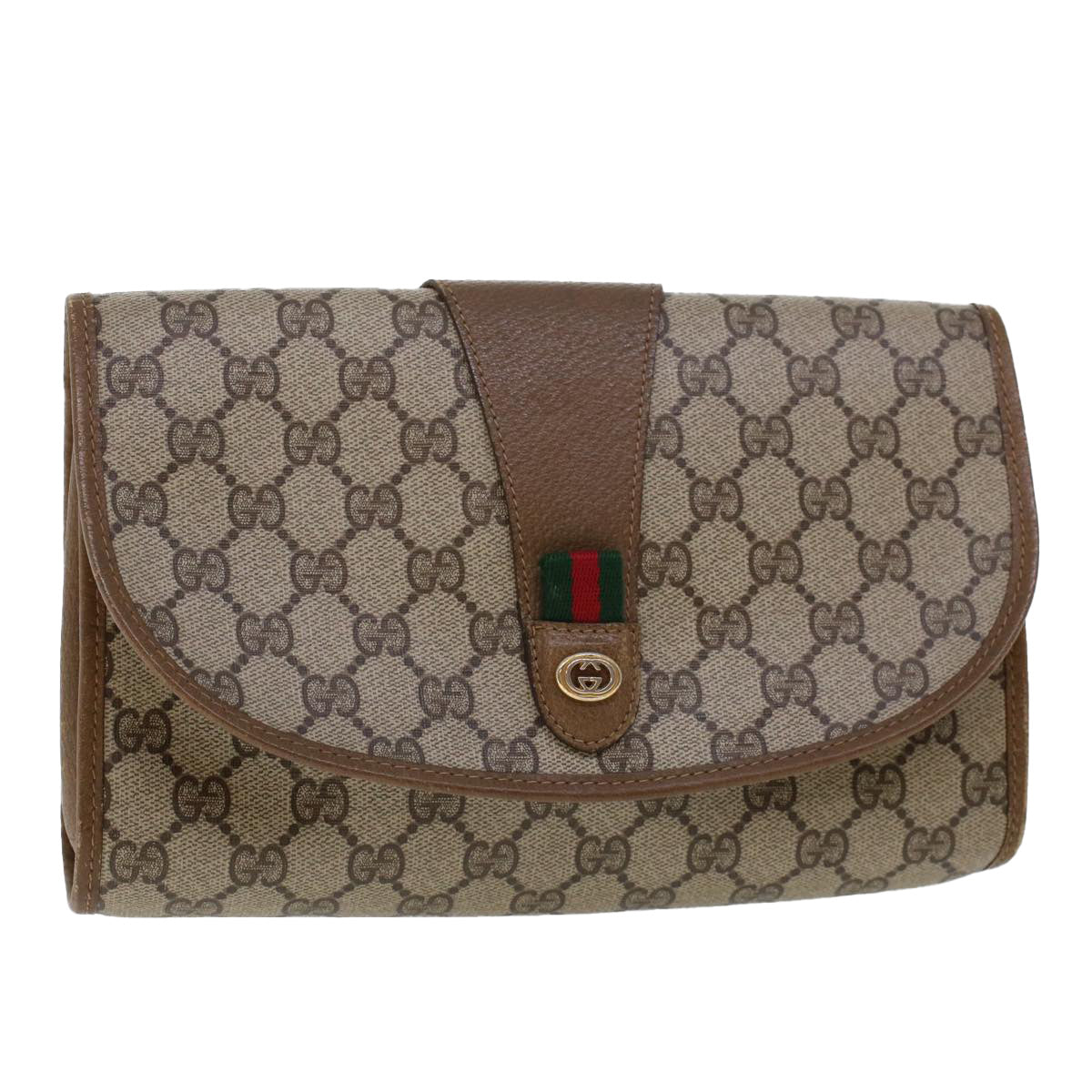 GUCCI GG Canvas Web Sherry Line Clutch Bag Beige Red 89.01.030 Auth am4401