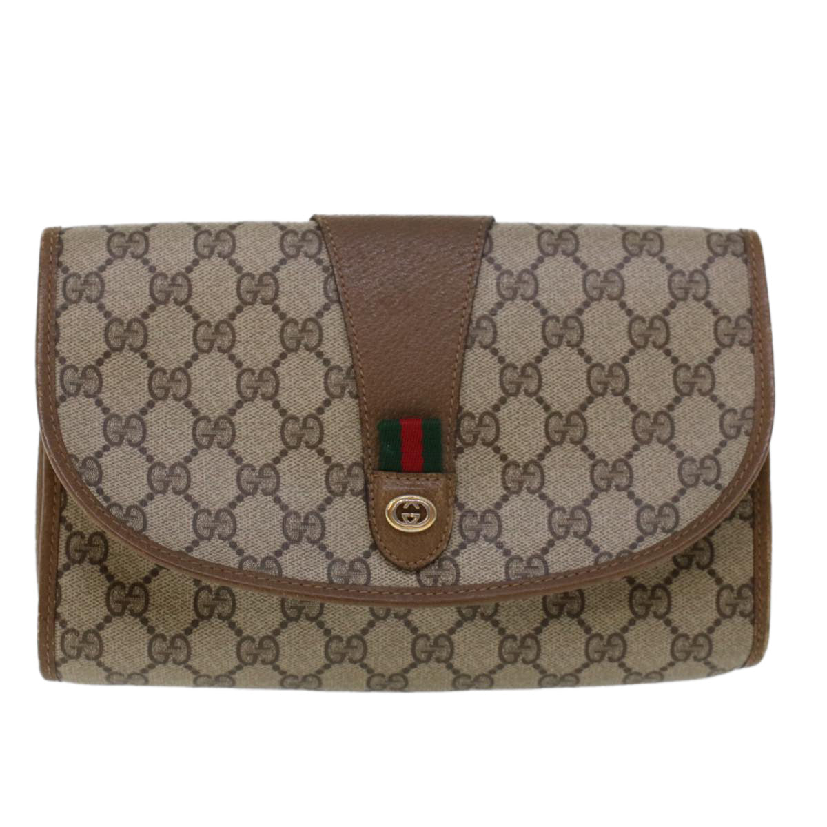 GUCCI GG Canvas Web Sherry Line Clutch Bag Beige Red 89.01.030 Auth am4401