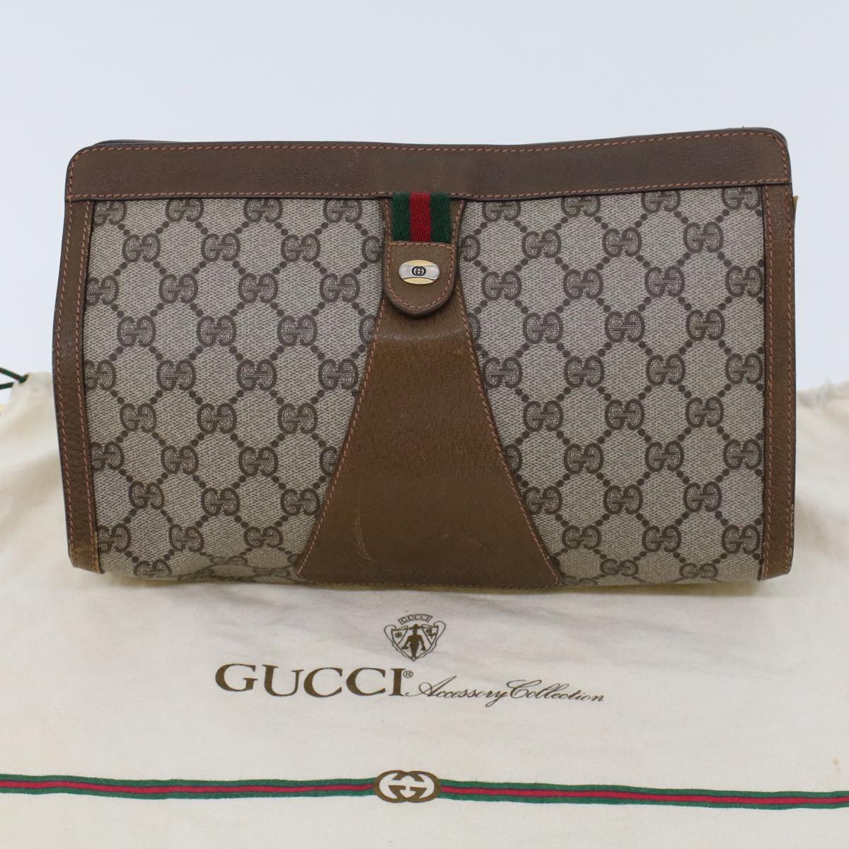 GUCCI GG Canvas Web Sherry Line Clutch Bag Beige Red Green 89.01.033 Auth am4410