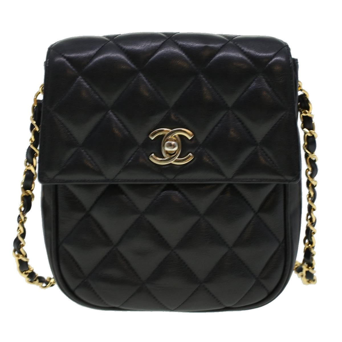 CHANEL Matelasse Turn Lock Chain Shoulder Bag Lamb Skin Black CC Auth am4542