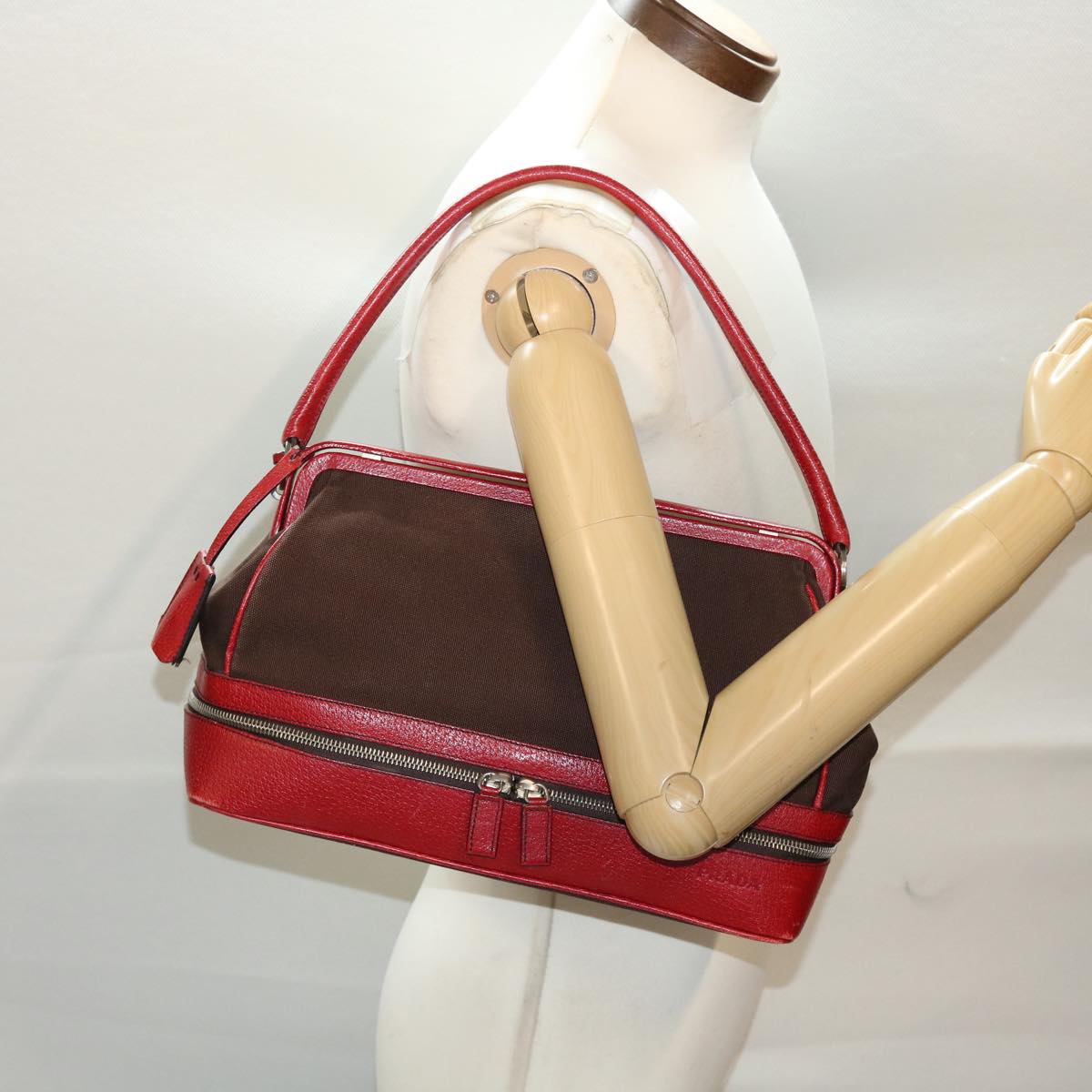 PRADA Shoulder Bag Canvas Leather Red Auth am4741