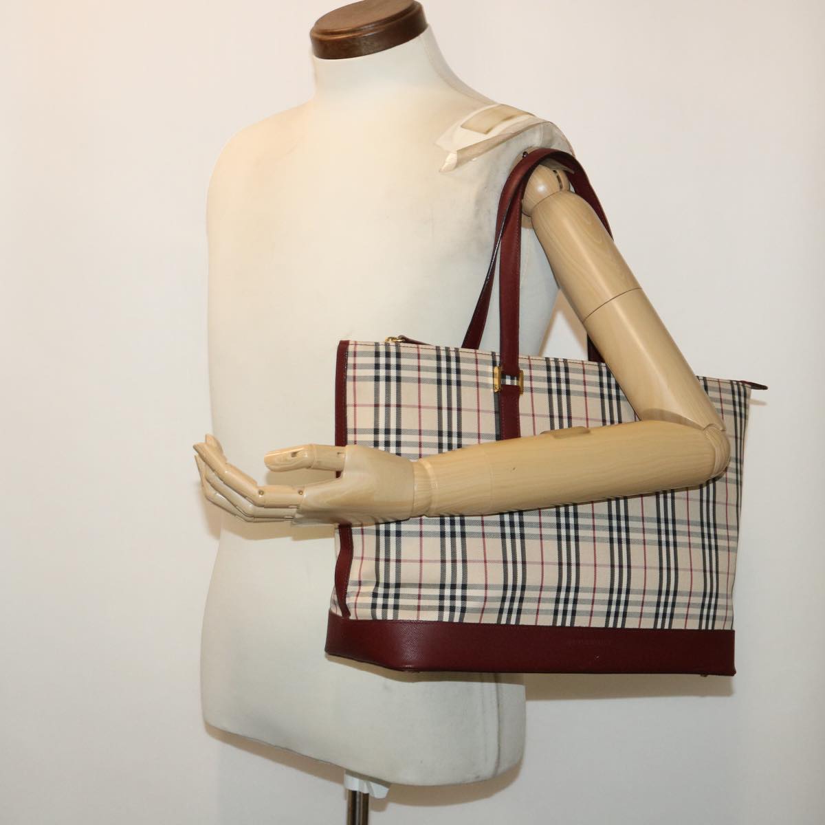 BURBERRY Nova Check Tote Bag Canvas Leather Beige Wine Red black Auth am4848