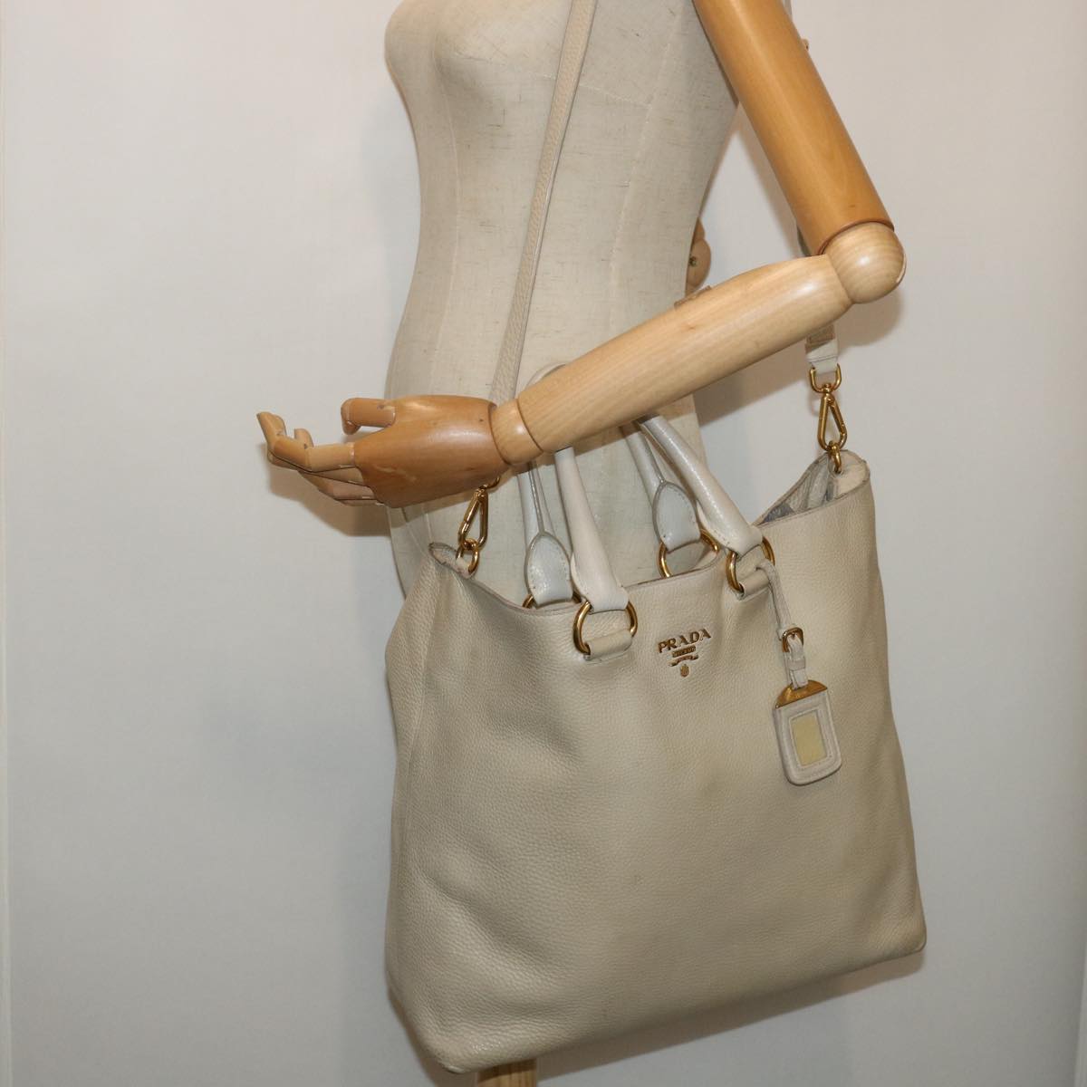 PRADA Hand Bag Leather 2way Beige Auth am4965