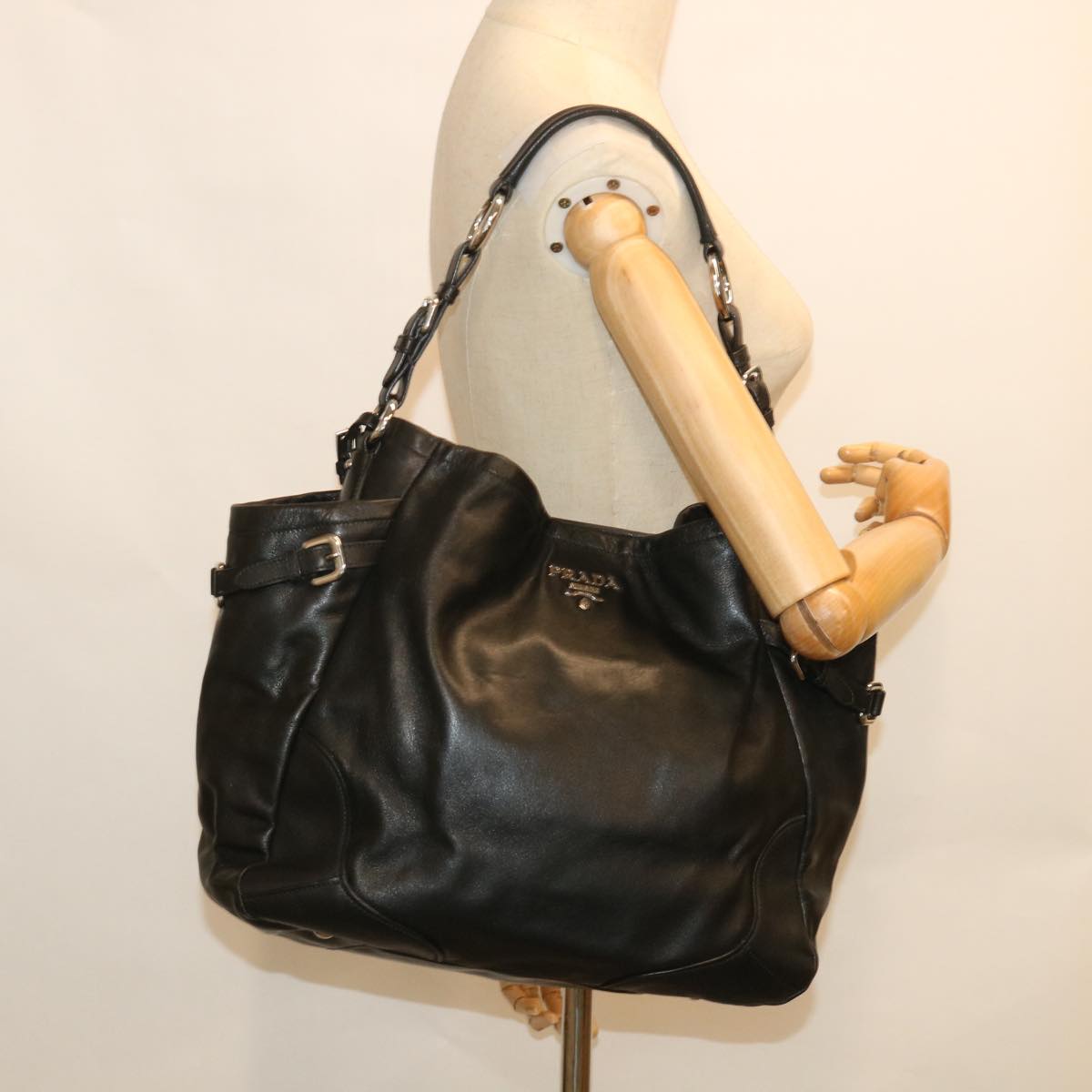 PRADA Shoulder Bag Leather Black Auth am5052