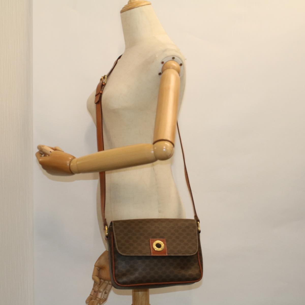 CELINE Macadam Canvas Shoulder Bag PVC Leather Brown Auth am5170