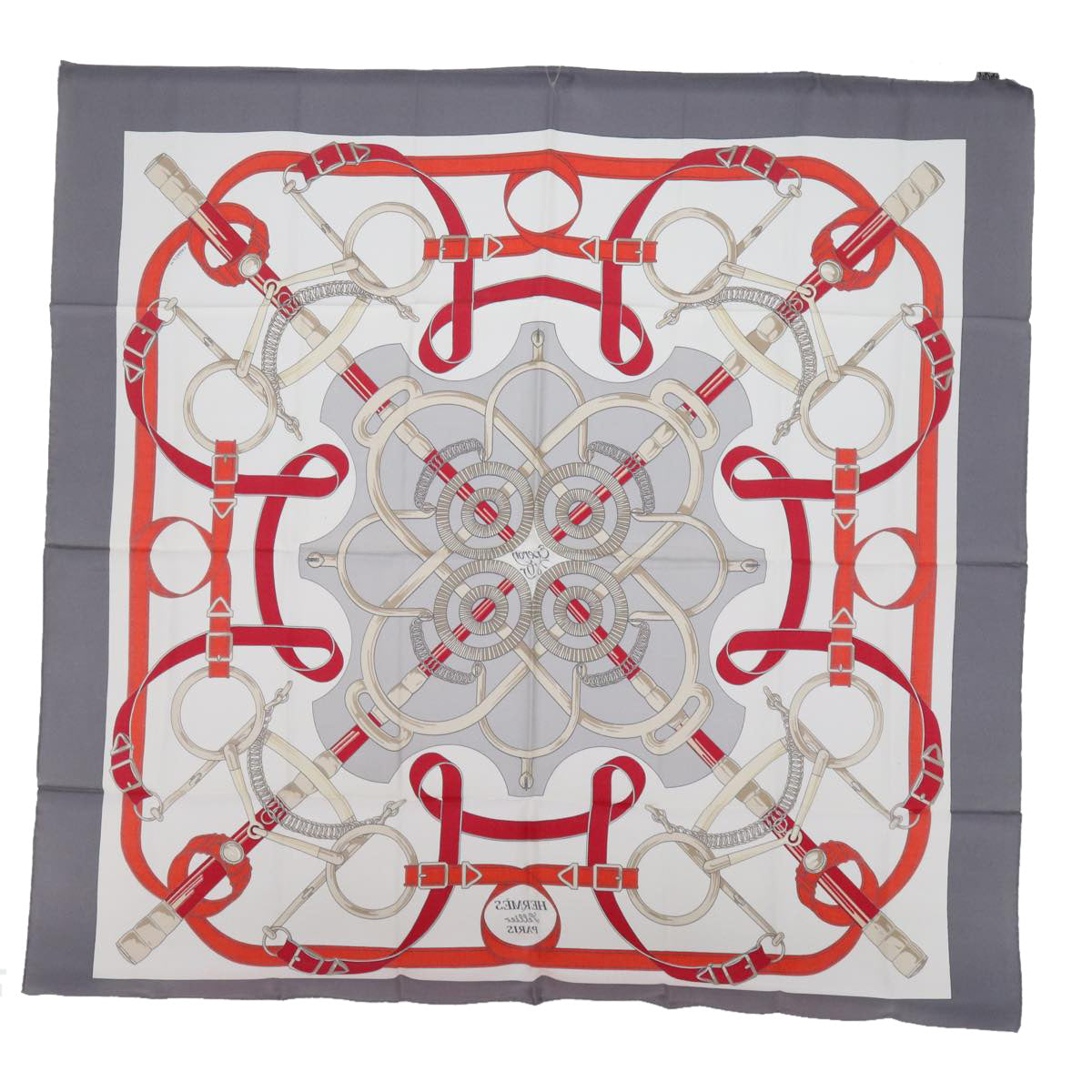 HERMES Carre 90 Eperon d’Or Scarf Silk Gray Auth am5301