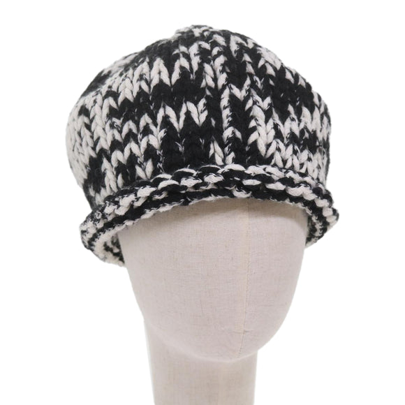 CHANEL COCO Mark Knitted Fabrics Hat Wool Black White CC Auth am5382