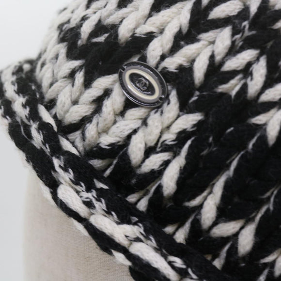 CHANEL COCO Mark Knitted Fabrics Hat Wool Black White CC Auth am5382