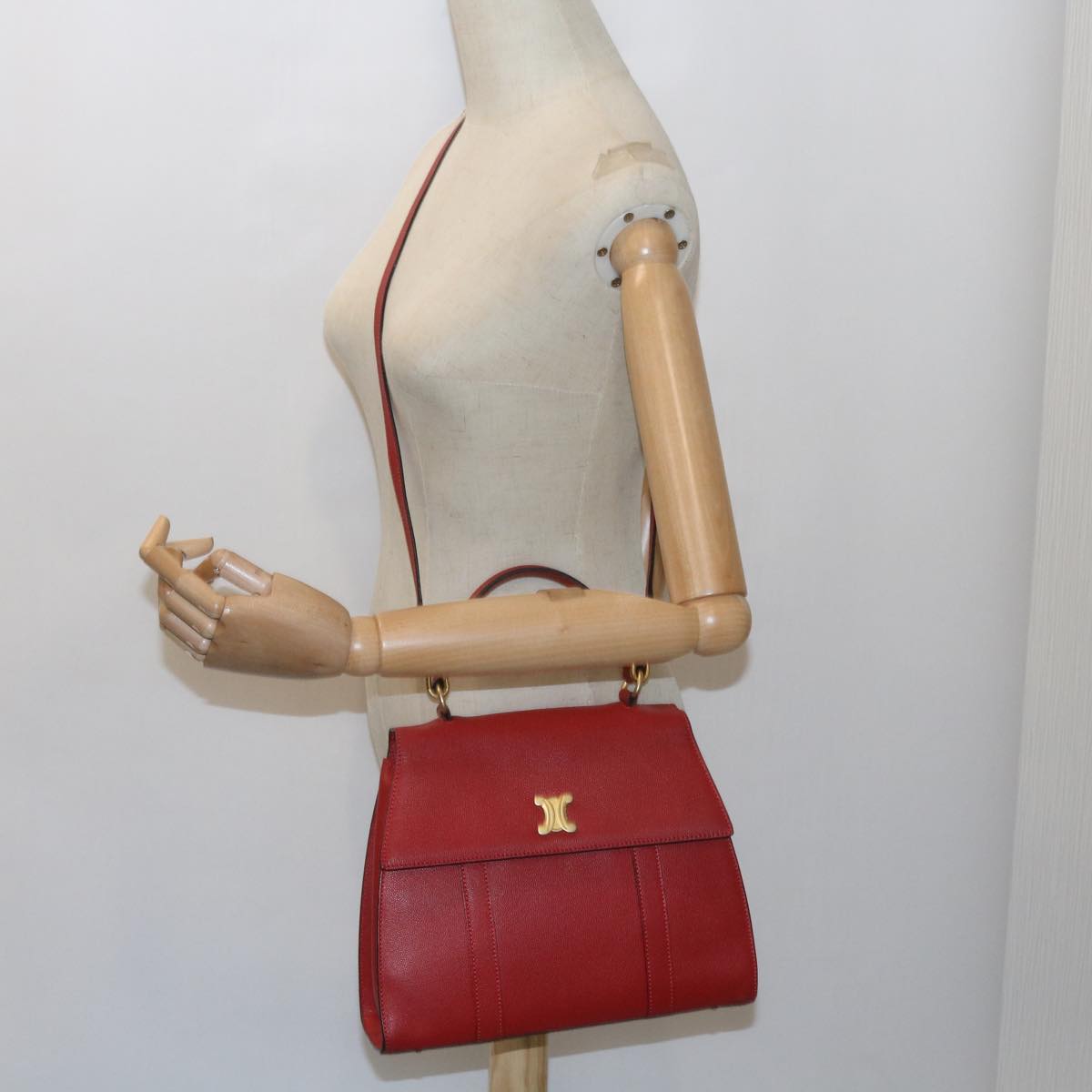CELINE Hand Bag Leather 2way Red Auth am5388