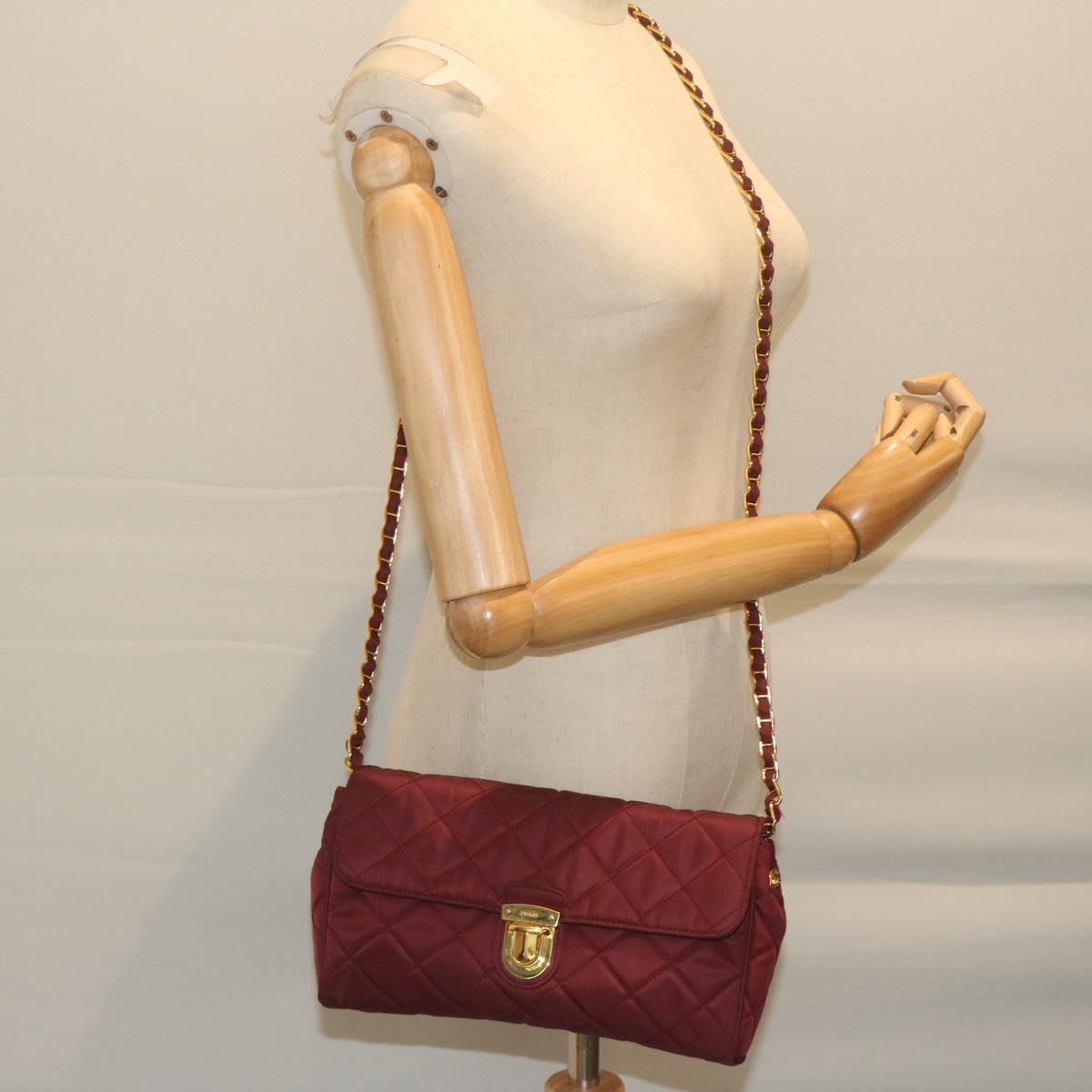 PRADA Quilted Chain Shoulder Bag Nylon Red Auth am5477