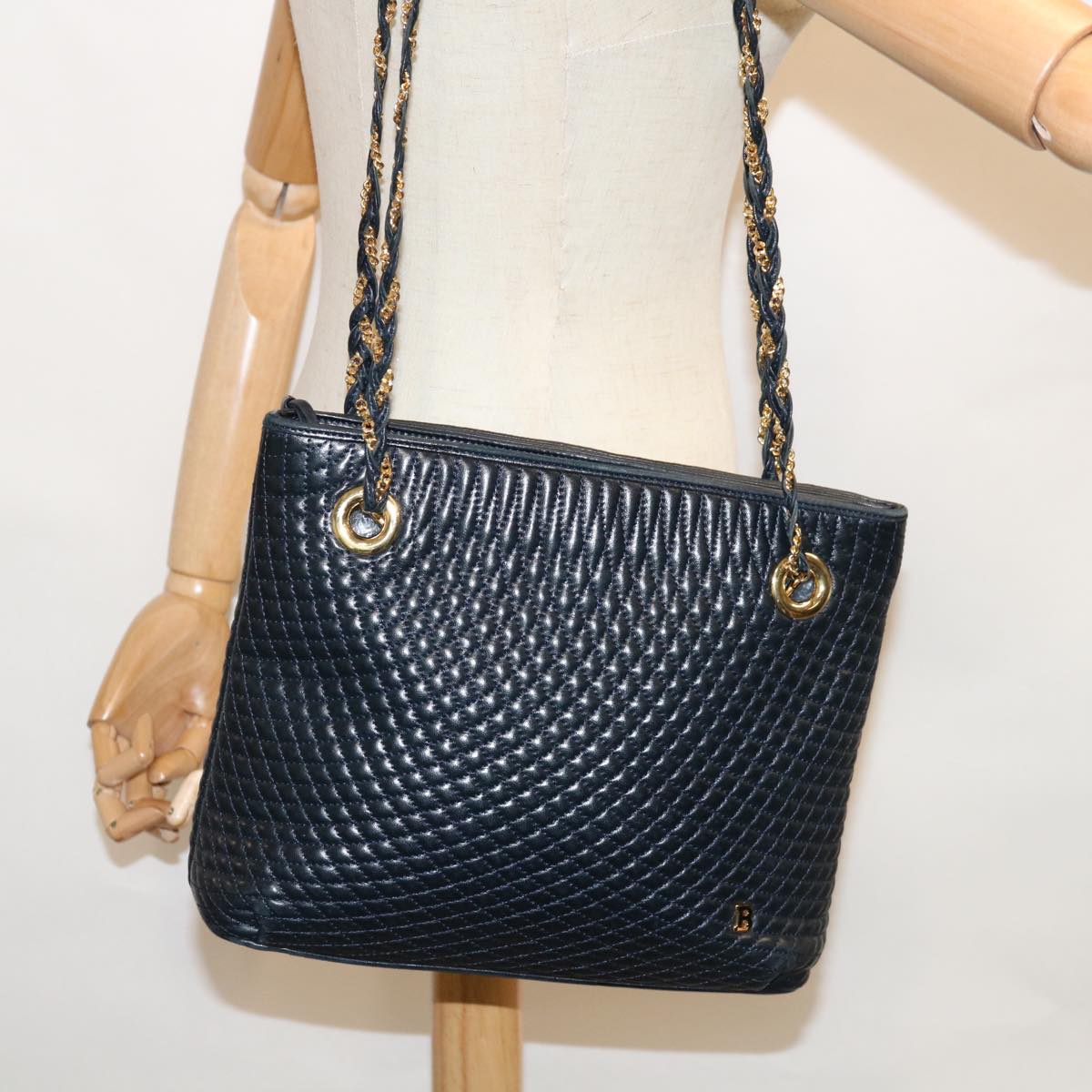 BALLY Quilted Chain Shoulder Bag Leather Black Auth am5699