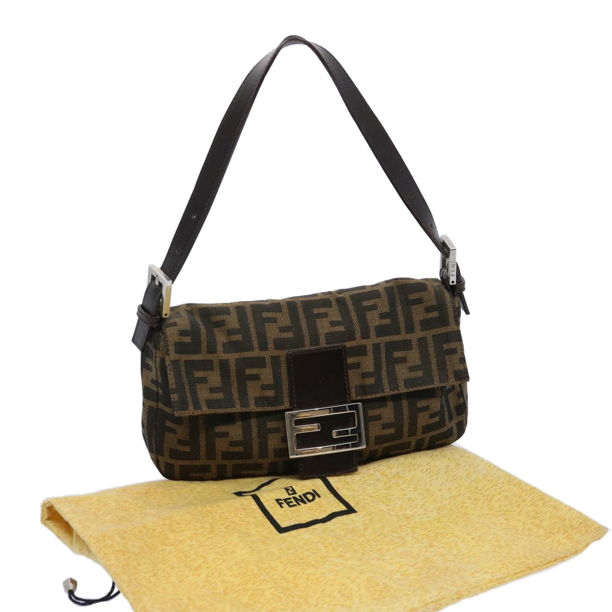 FENDI Zucca Canvas Mamma Baguette Shoulder Bag Brown Black Auth am5709