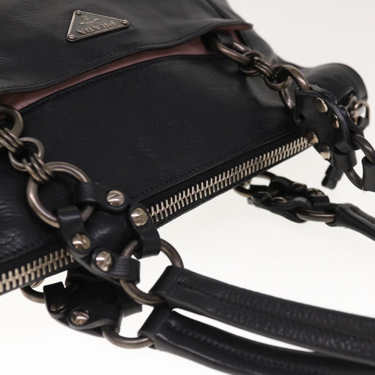 PRADA Chain Shoulder Bag Leather Black Auth am5715